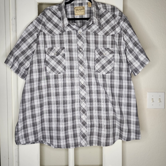 Wrangler Men's Plus Short Sleeve Pearl Snap Gray Plaid Casual Button Up 3X - Picture 1 of 13